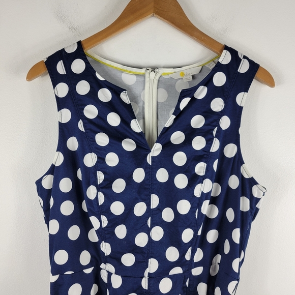 Boden Poplin Polka Dot Sleeveless Split Neck Belted Fit and Flare Midi Dress - Picture 4 of 14